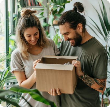 Casal abrindo caixa recebida